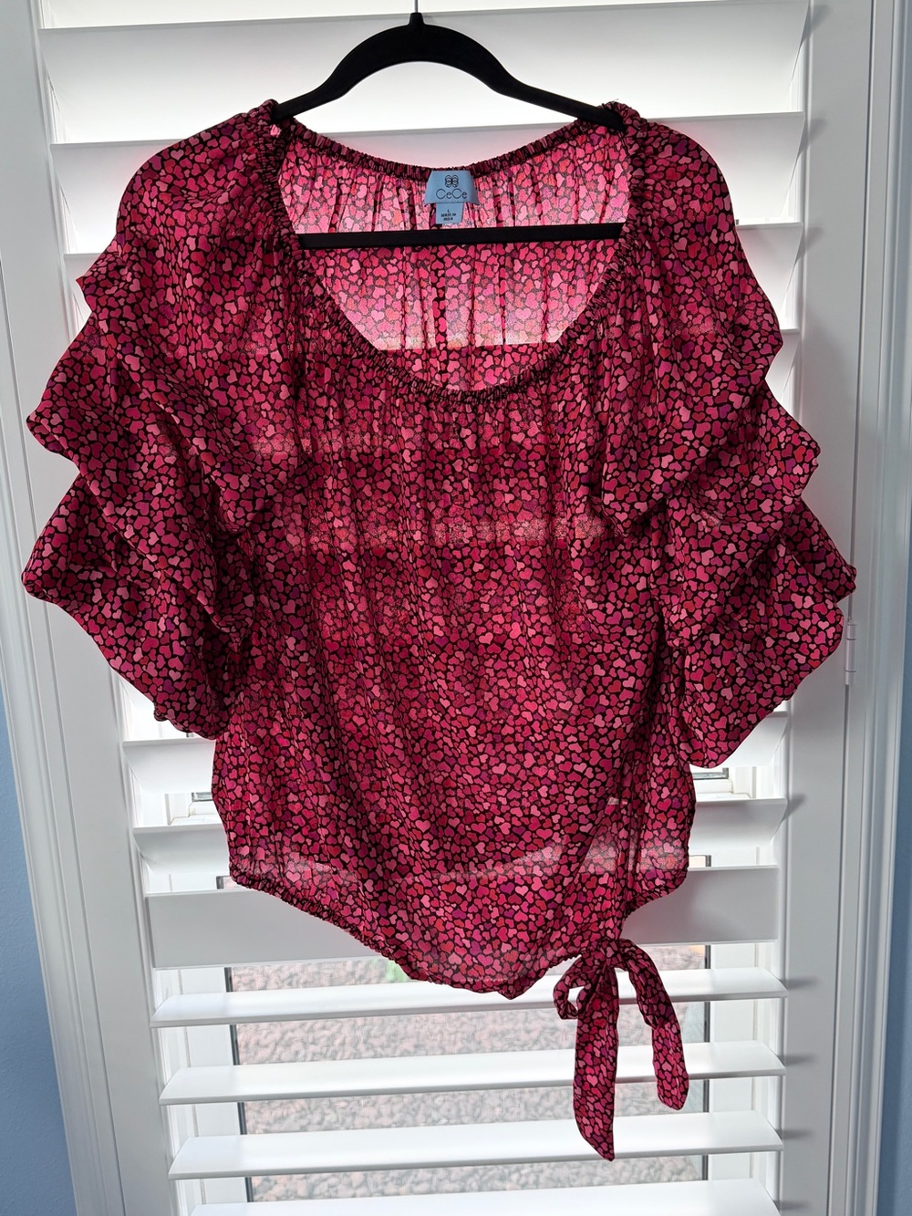 CeCe Pink Magenta Heart-Print Ruffle Tie-Hem Blouse